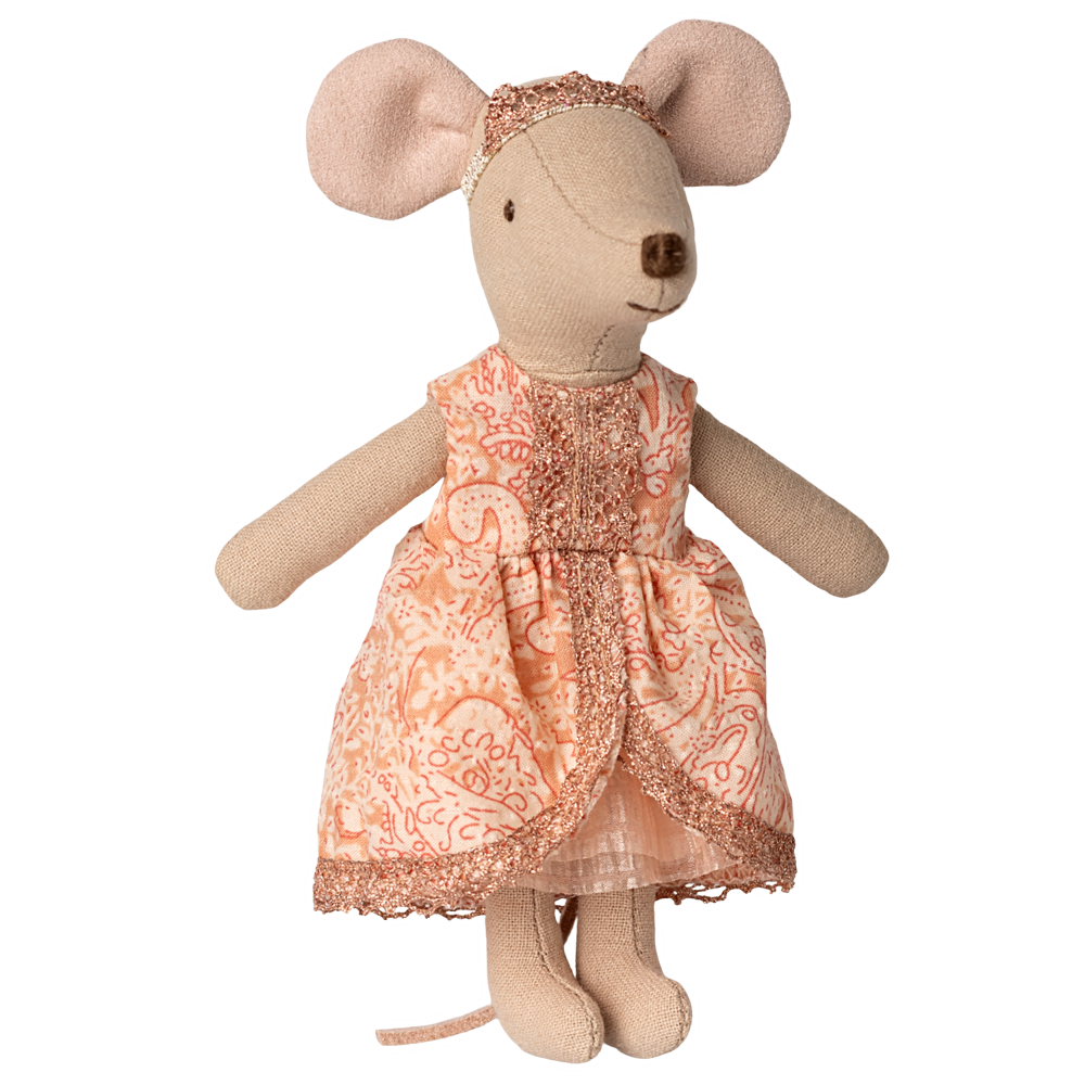 A Maileg Big Sister mouse wearing a peach-patterned dress, lace-trimmed shawl, and a sparkling tiara against a transparent background.