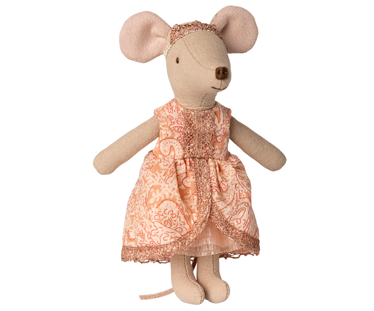A Maileg Big Sister mouse wearing a peach-patterned dress, lace-trimmed shawl, and a sparkling tiara against a transparent background.