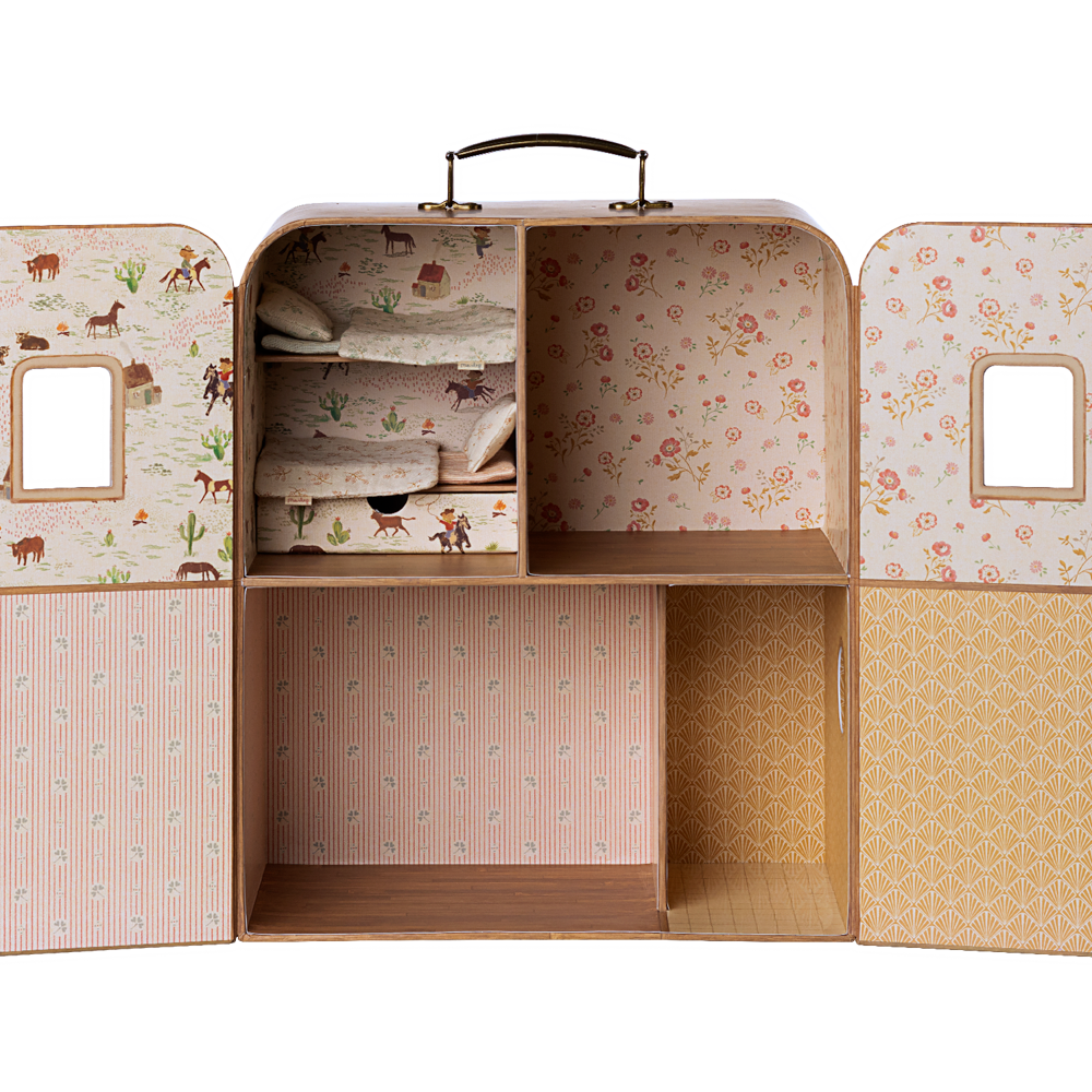 Children's toy chest with patterned doors on a white background