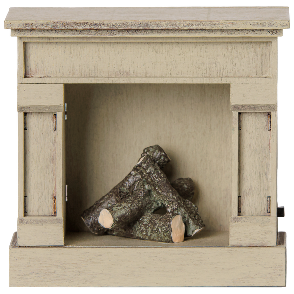 A miniature off-white vintage-style wooden toy fireplace with a rustic finish, featuring stacked realistic logs inside the hearth against a transparent background.