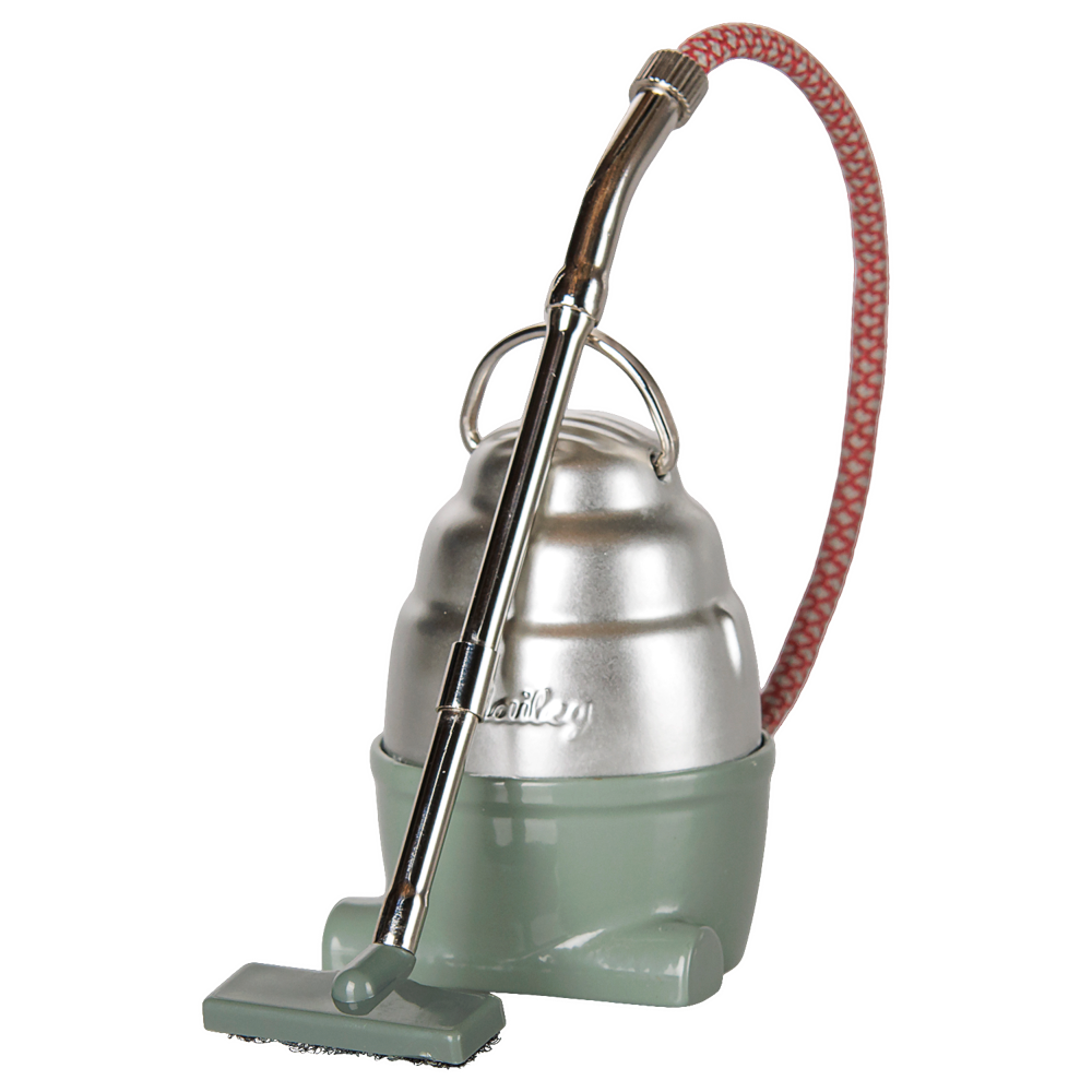 A product photo of the Vacuum Cleaner, Mouse - Dark Mint by Maileg against a transparent background, featuring a vintage-style mint green and silver canister body, a patterned red-and-white flexible fabric hose, and a metal handle with a tiny floor nozzle.