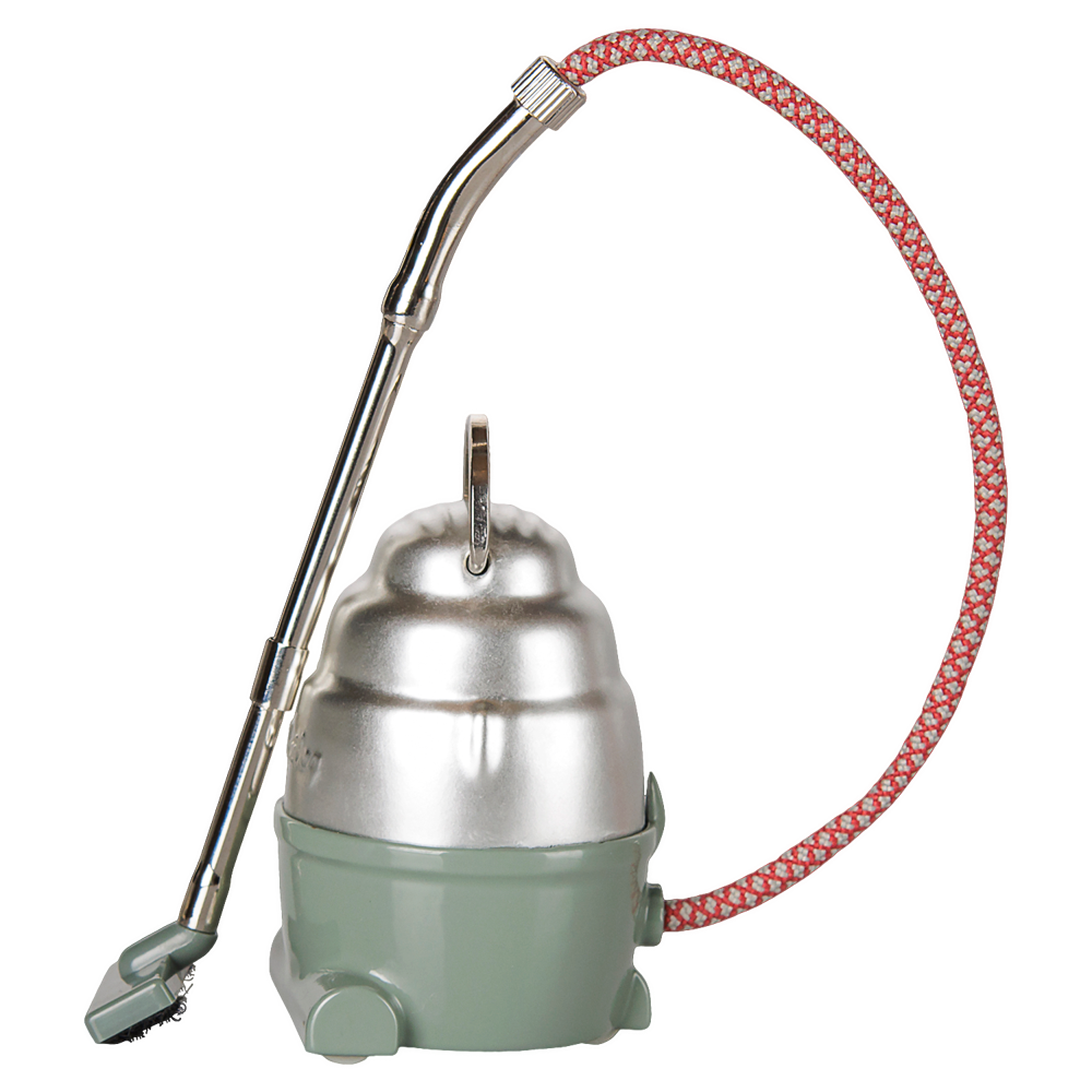 A product photo of the Vacuum Cleaner, Mouse - Dark Mint by Maileg against a transparent background, featuring a vintage-style mint green and silver canister body, a patterned red-and-white flexible fabric hose, and a metal handle with a tiny floor nozzle.
