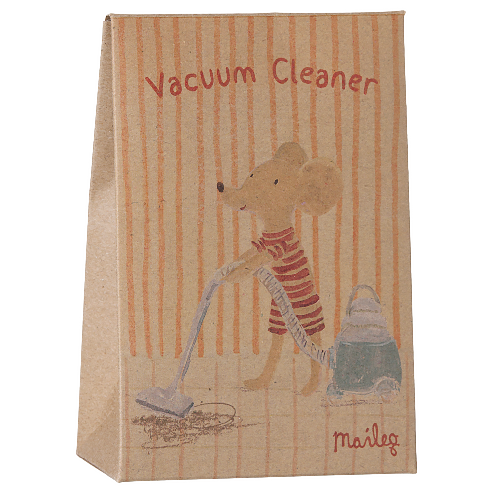 An illustrated product packaging box showing a Maileg mouse in a striped shirt using the Vacuum Cleaner, Mouse - Dark Mint by Maileg against a brown paper background, with the words "Vacuum Cleaner" printed across the top.