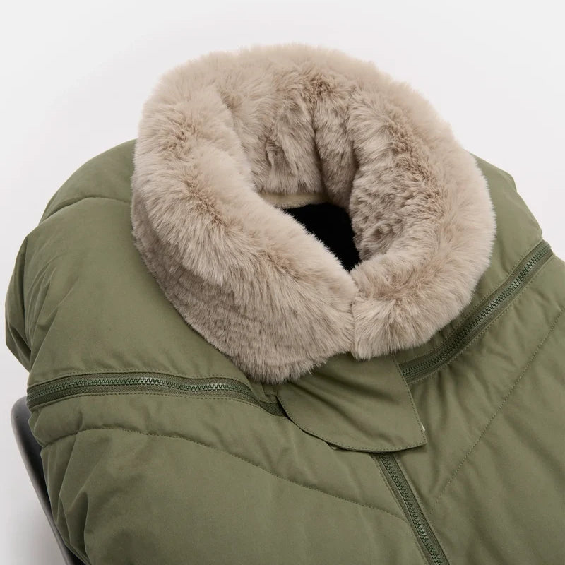 Woodland greige Helsinki Car Seat Cocoon by 7AM Enfant shown from a front angle, featuring a plush faux-fur collar and a quilted puffer texture.