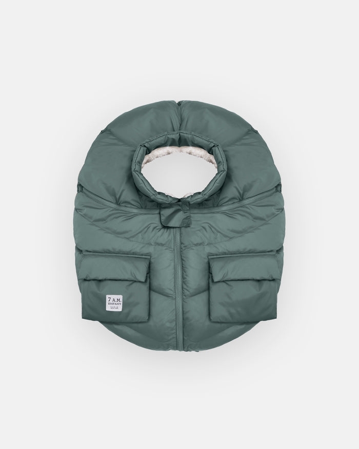 Green puffer baby seat cover on a white background