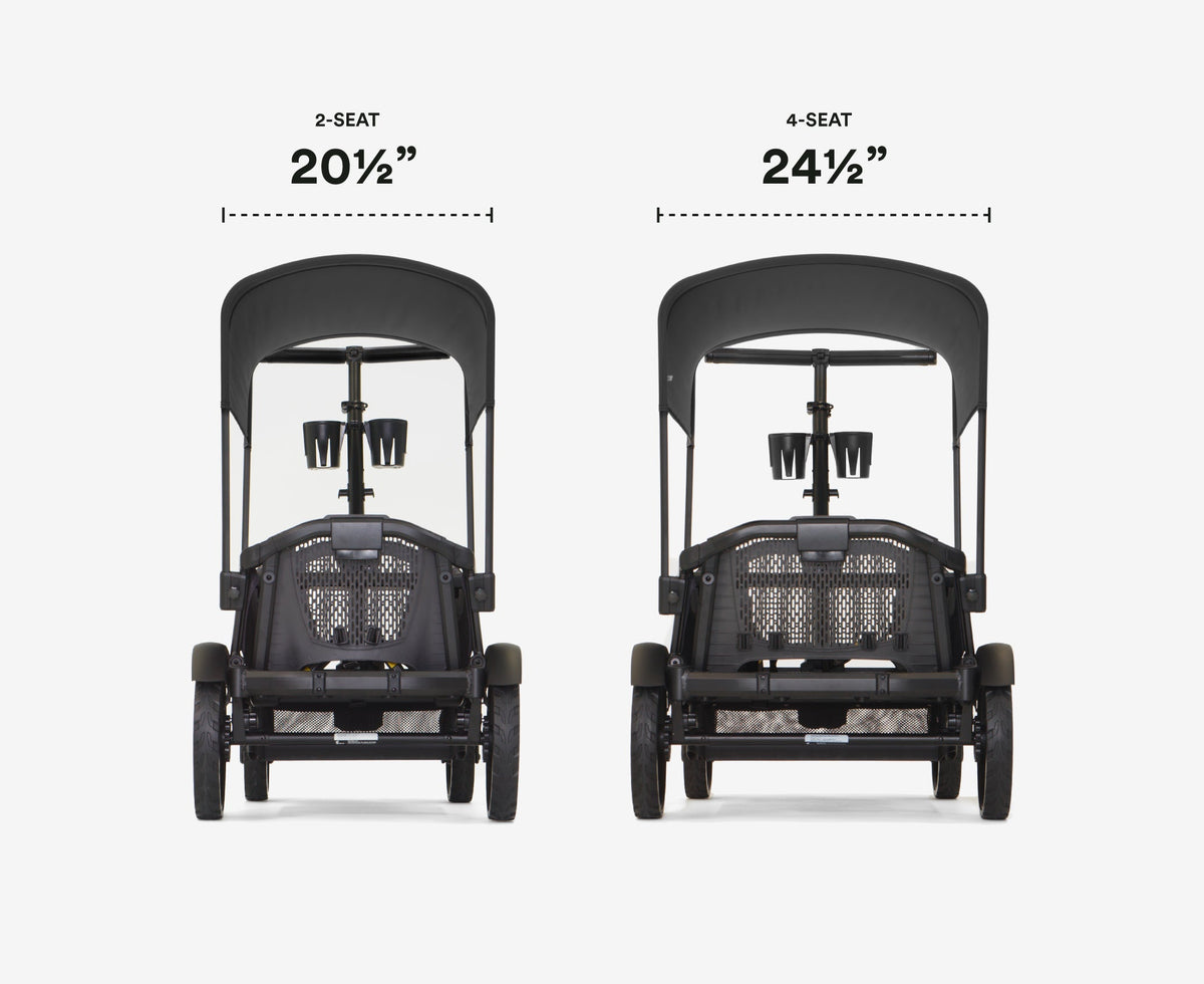 Two black strollers with measurements indicated on a white background