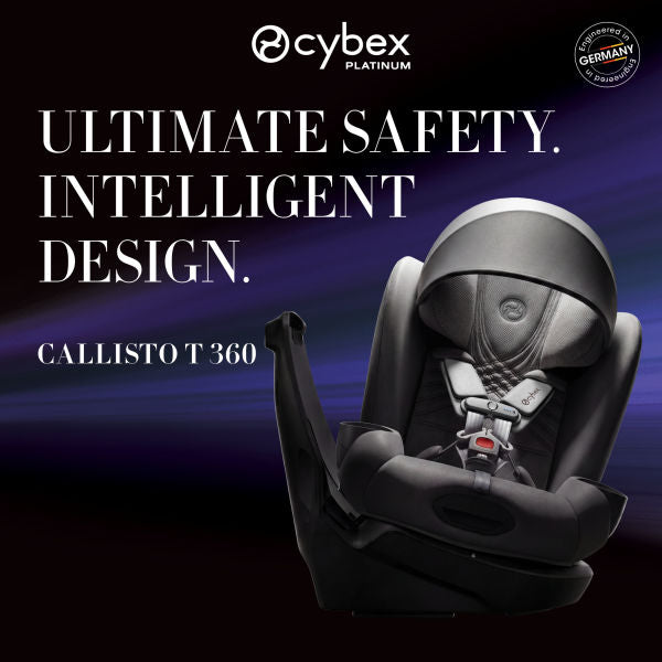 Cybex Platinum Callisto T 360 car seat with safety and design text on a dark background