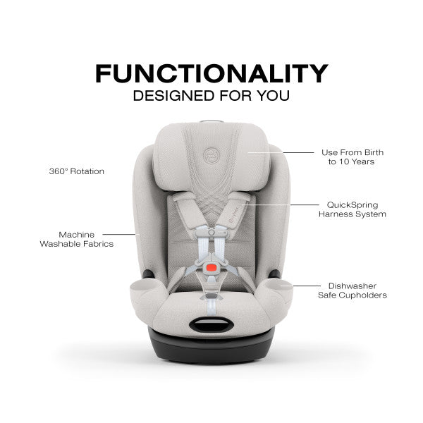 Child safety seat with features highlighted on a white background