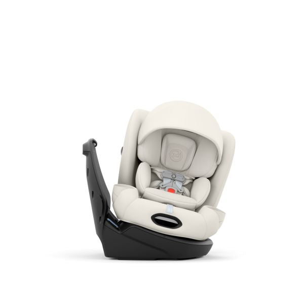 White baby car seat with black base on a white background