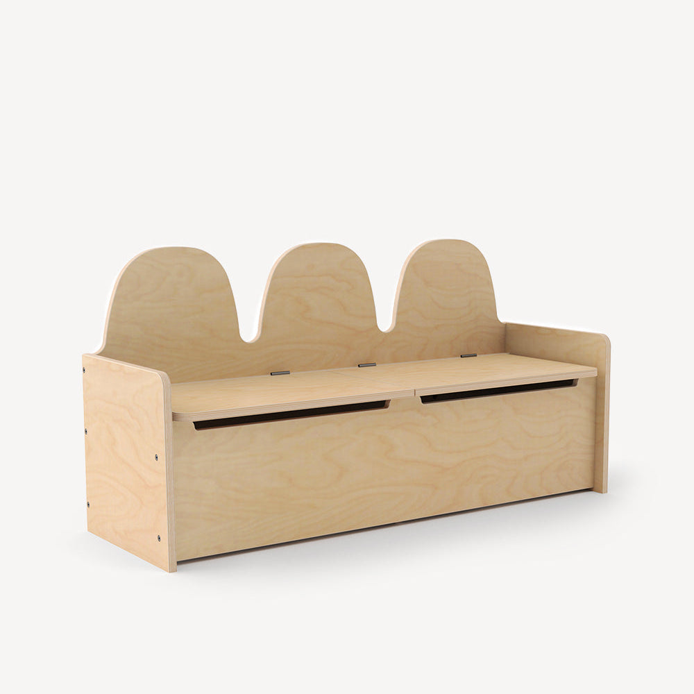 Wooden bench with storage compartments on a white background