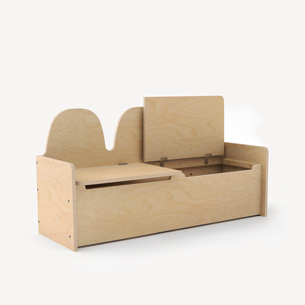 Wooden toy storage bench with lift-top lid on a white background