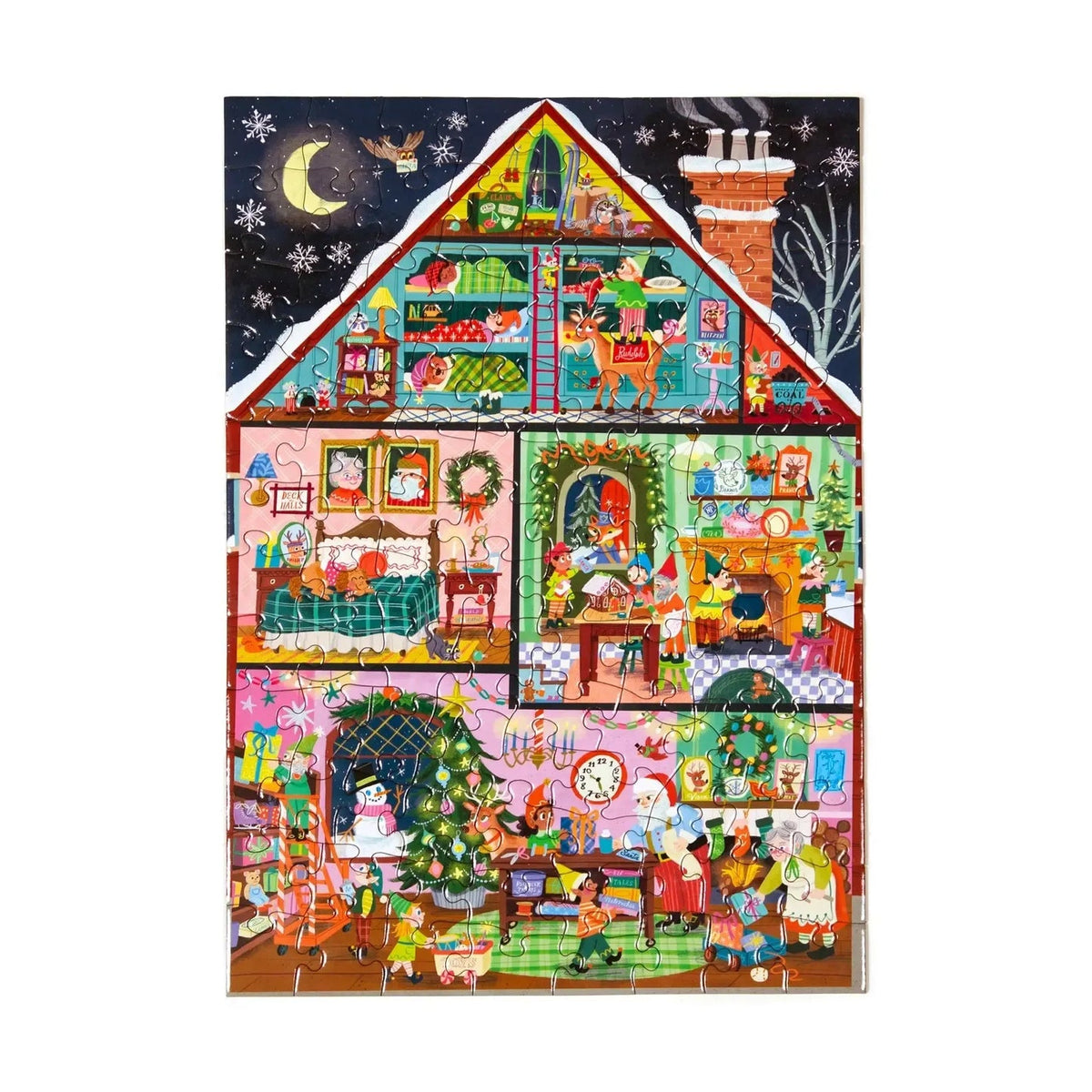 A colorful Christmas advent-style house illustration with multiple illustrated rooms and festive scenes, shown against a plain white background.