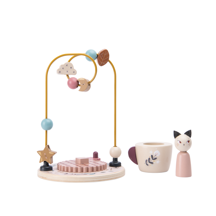Wooden toy set with beads, a cup, and a cat figure on a white background
