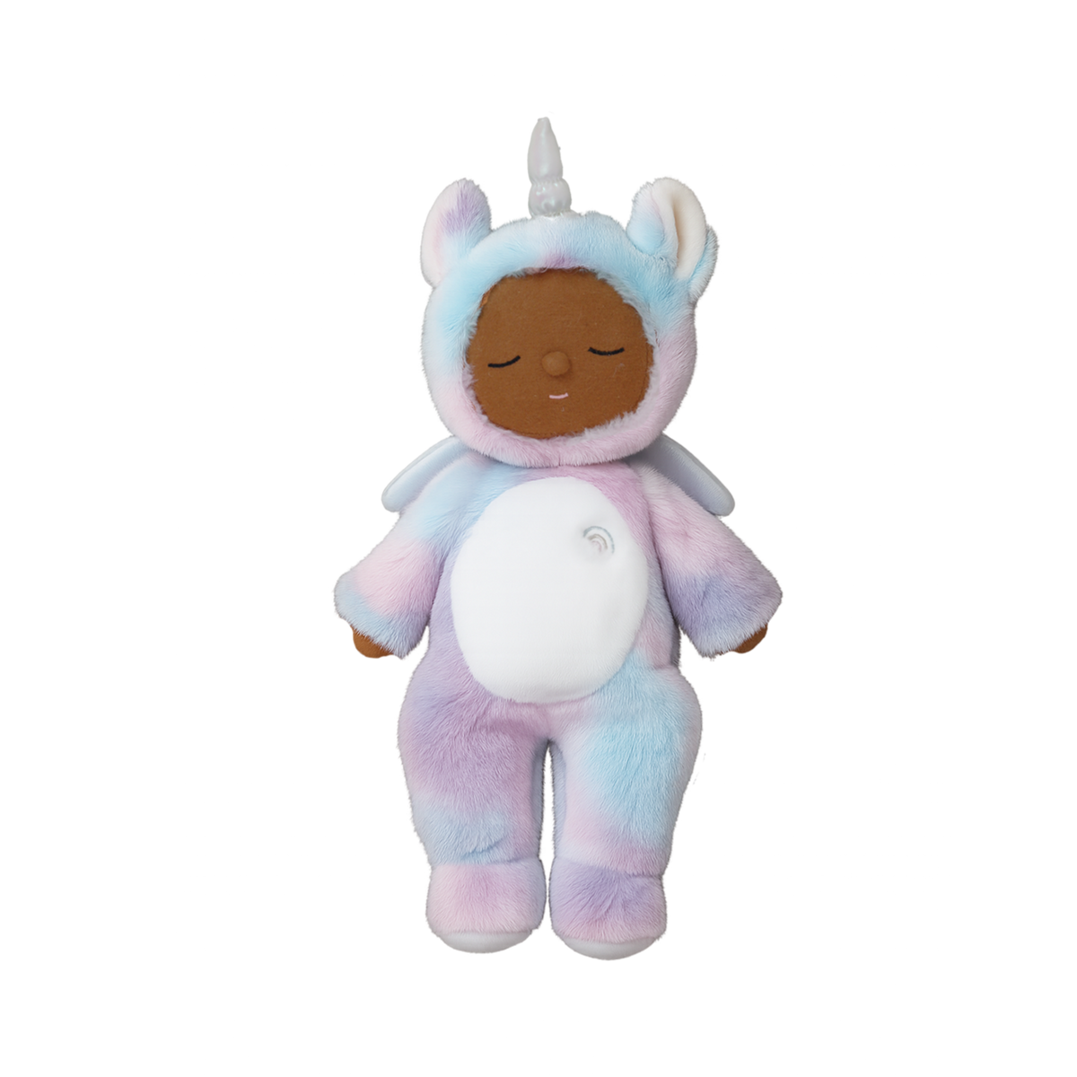 Plush toy in a unicorn costume with a neutral background