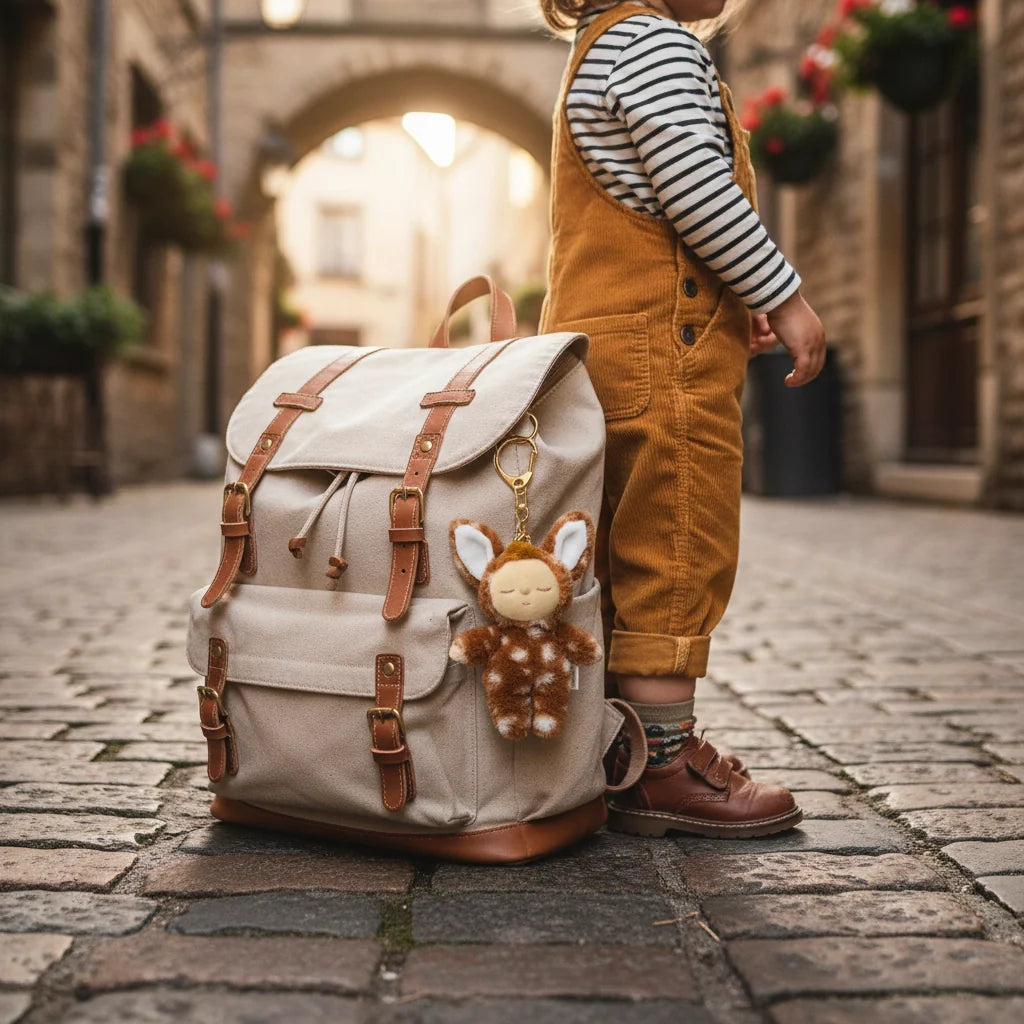 Child in mustard yellow overalls standing next to a large beige backpack with a plush toy on a cobblestone street.