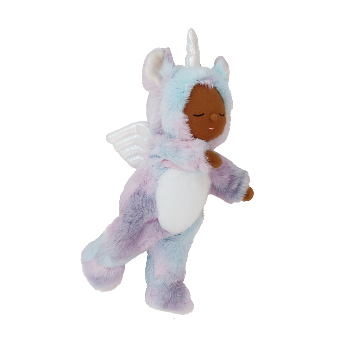 Plush toy of a baby in a unicorn costume on a white background