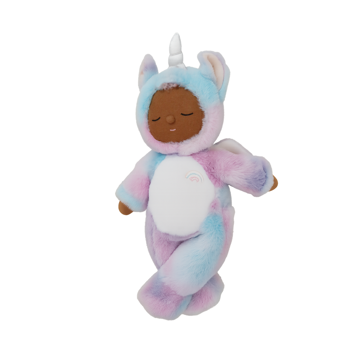 Plush toy of a baby in a unicorn costume on a white background