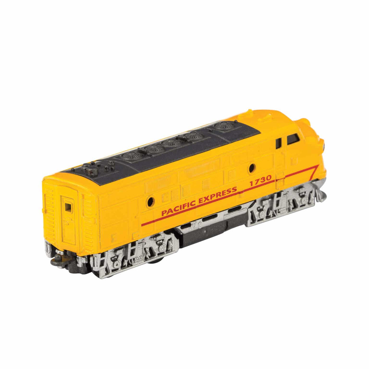 Yellow toy train engine with 'Pacific Express' branding on a white background