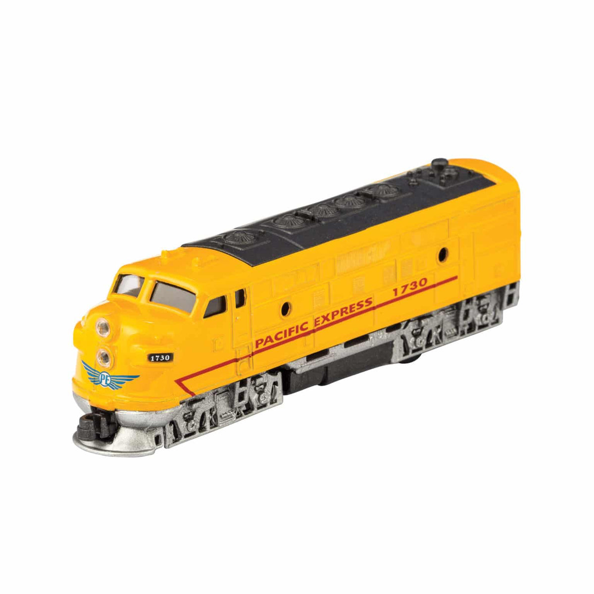 Model train engine with 'Pacific Express' branding on a white background