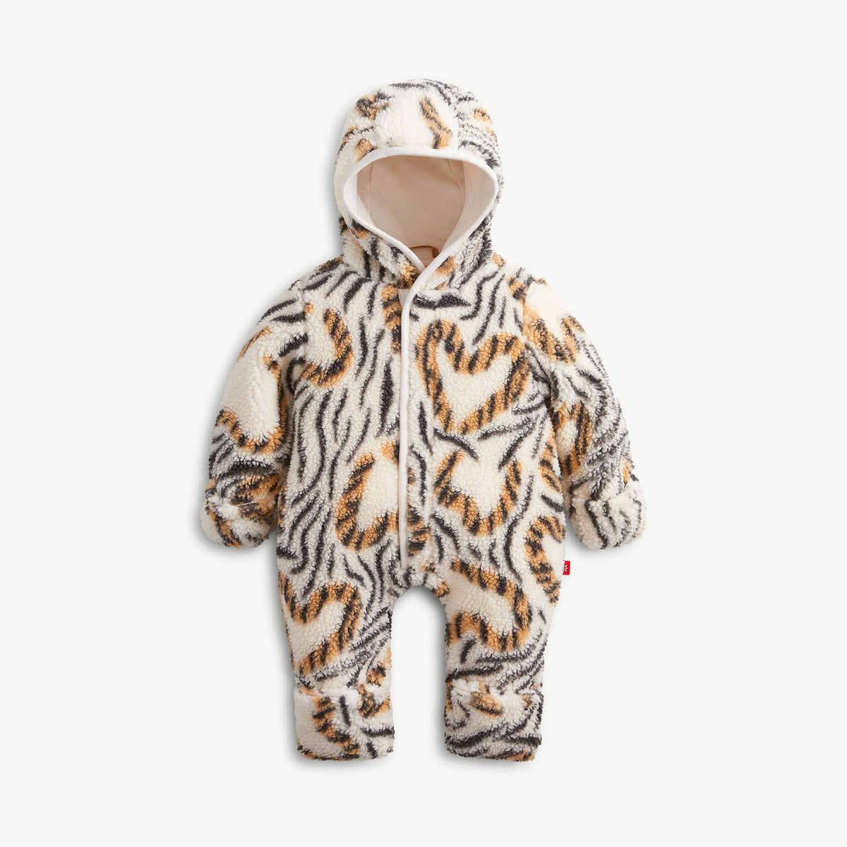 A baby one-piece fleece snowsuit with a tiger print pattern in brown, black, and cream, featuring a hood and front zipper.