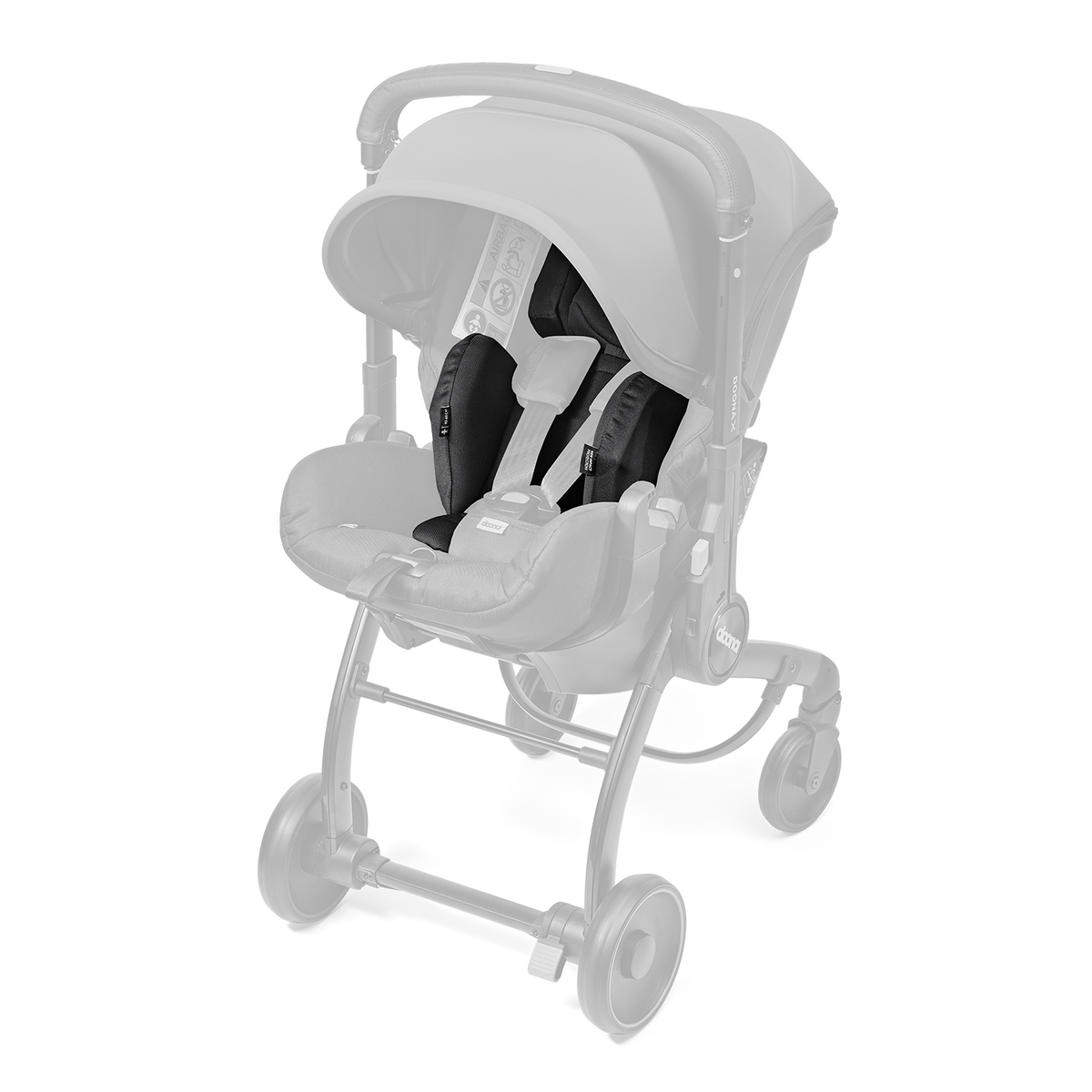 Black car seat with stroller attachment on a black background