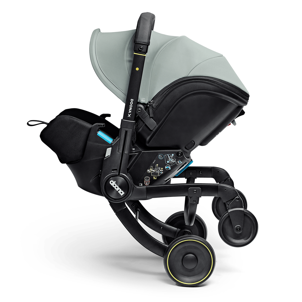 Black and gray stroller with canopy on a transparent background