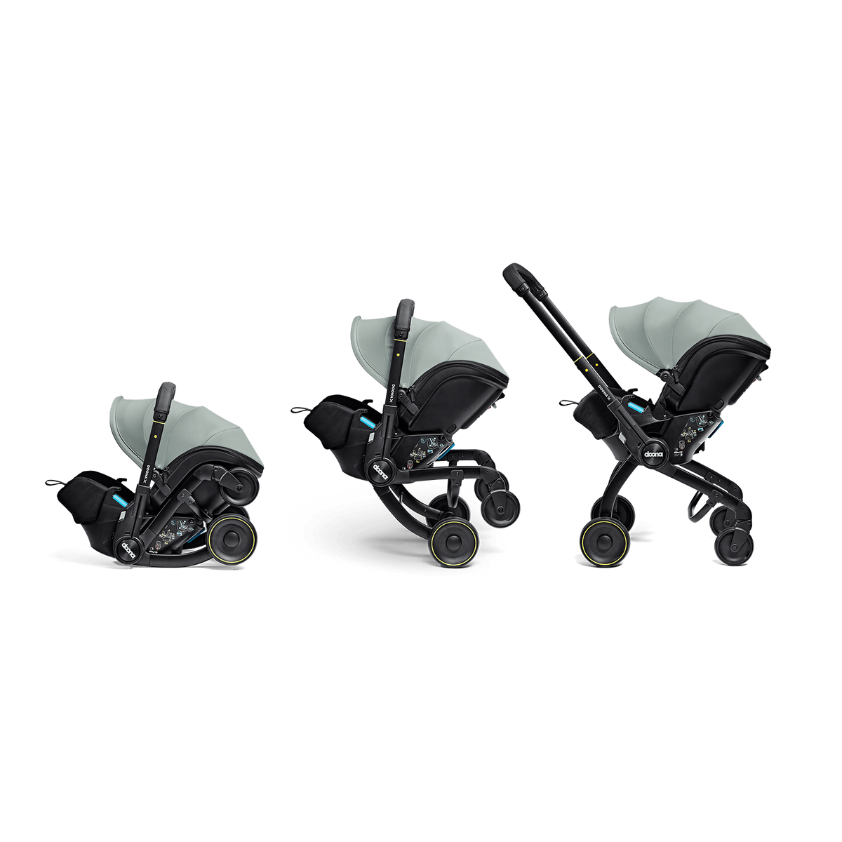 Three stages of a stroller on a white background