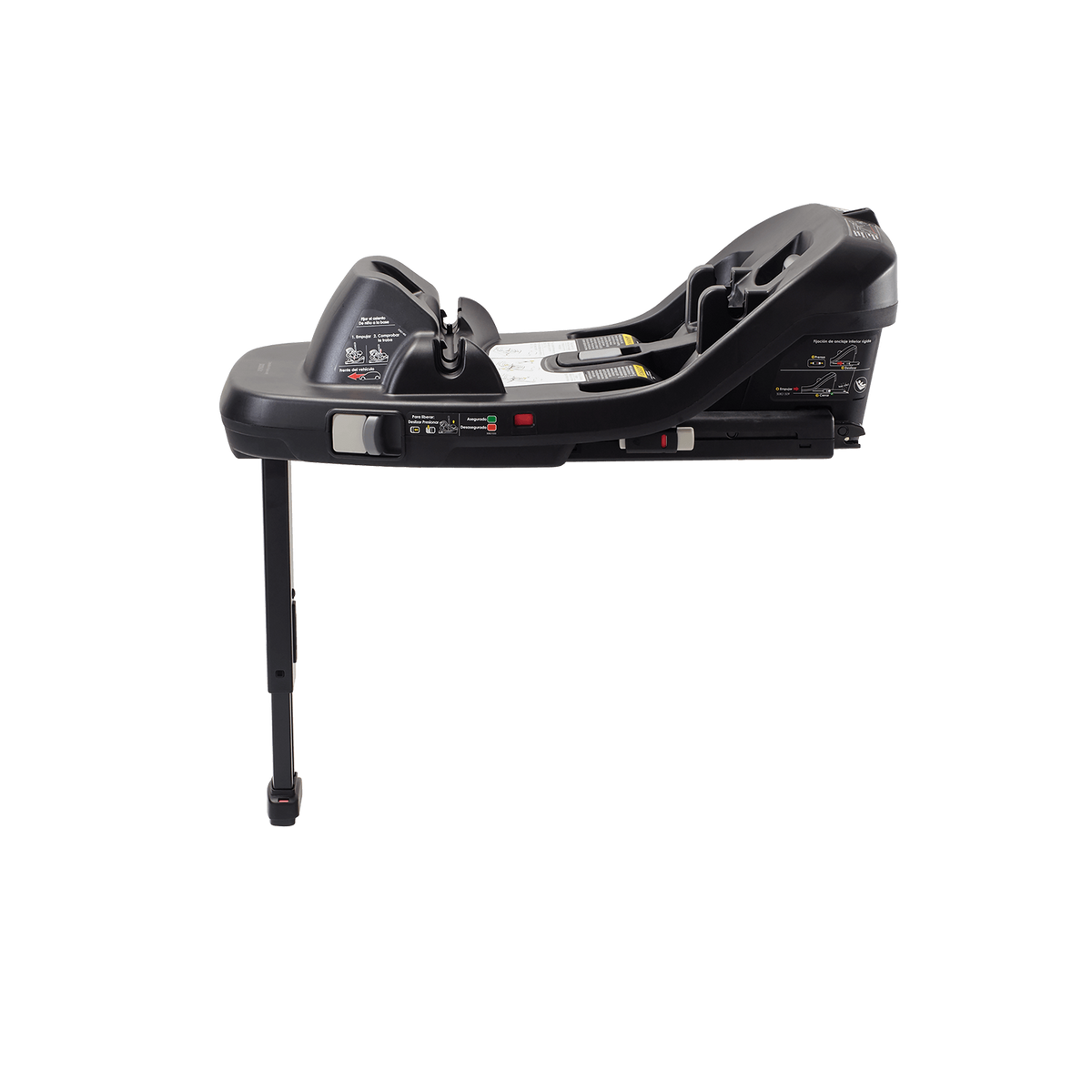 A black infant car seat base with an attached leg support, shown from a side profile view on a solid white background.