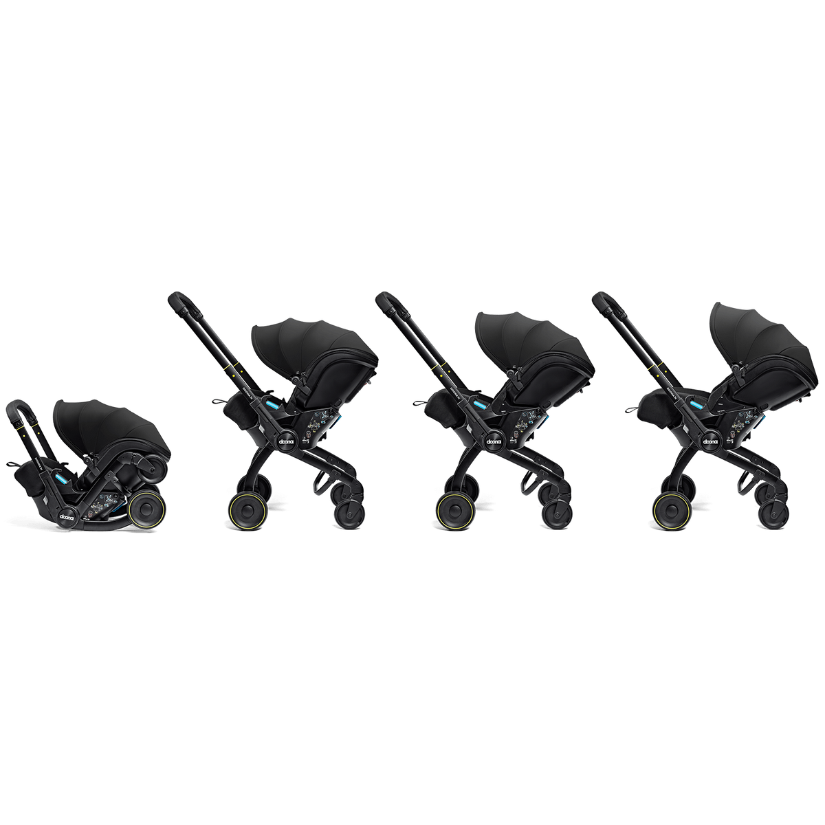 Four views of a black stroller and infant car seat travel system set against a solid white background, showing the stroller base, infant car seat, and stroller configurations.