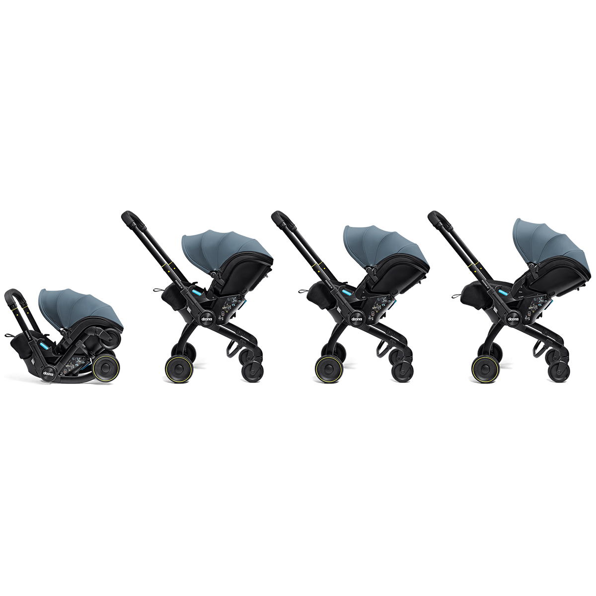 Four views of a baby stroller with a car seat attachment on a white background