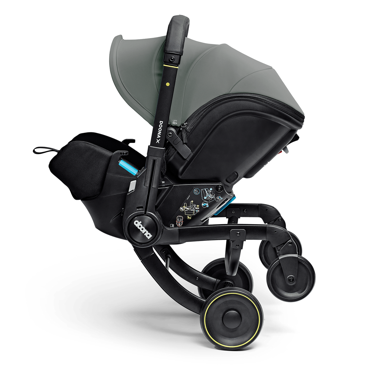 A Diaperas stroller system in black and dark gray, featuring a black infant car seat, a gray canopy, and black wheels with yellow accents, shown on a clean white background.