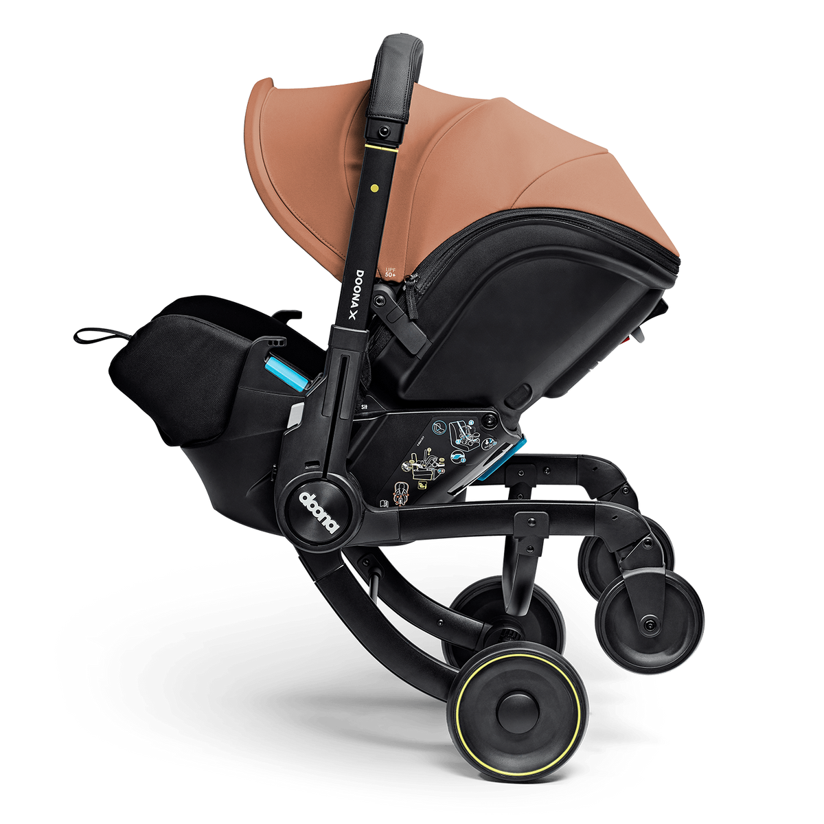 A Diadora stroller and bassinet combo in black and tan/caramel, shown from a side profile on a clean white background.