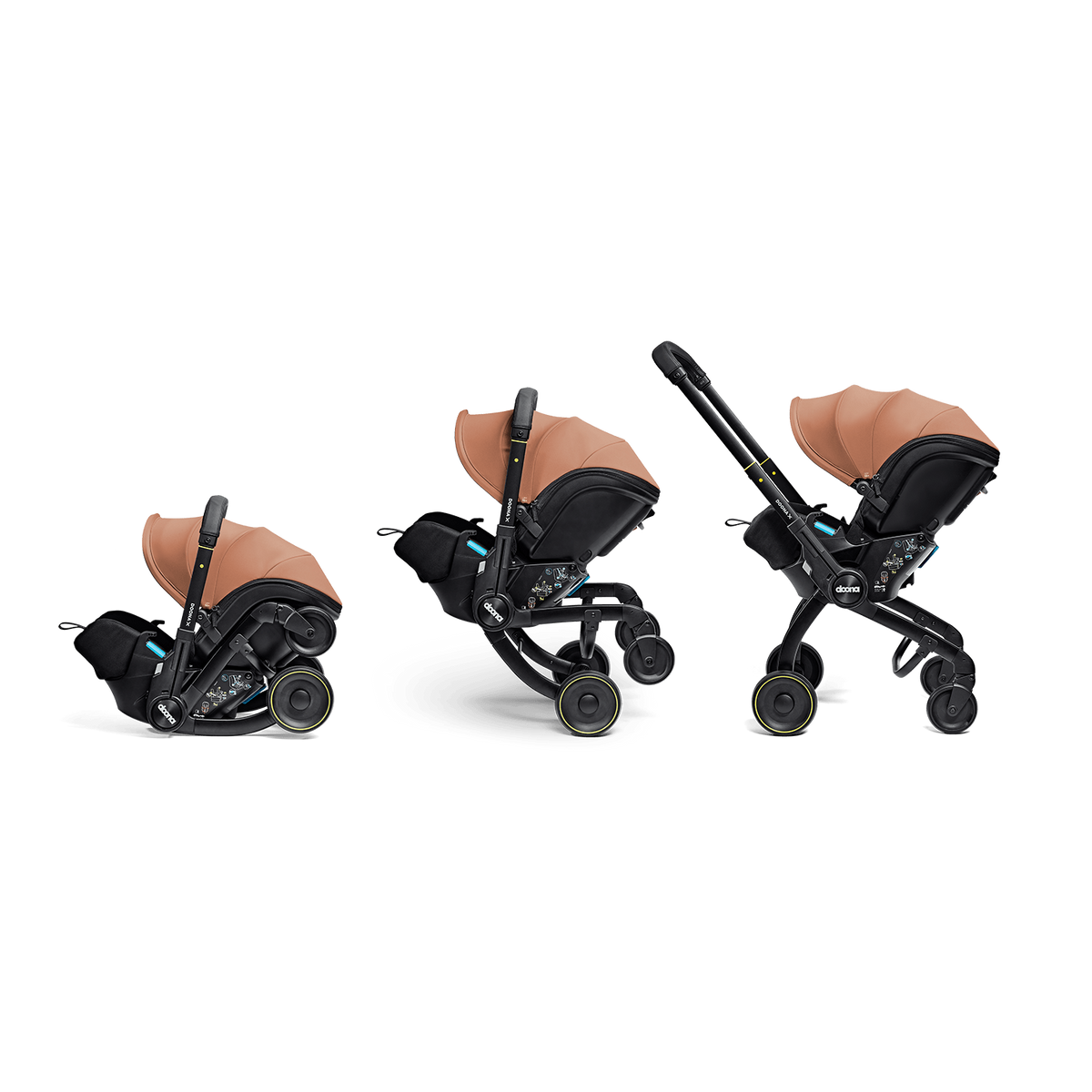 Three views of a baby stroller system with an infant car seat attachment, shown on a clean white background. The stroller and seat are black with a warm tan/beige canopy and small blue accents.