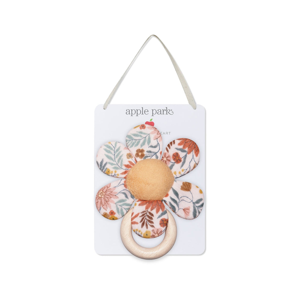 Floral teething ring on a white background with 'apple park' branding.