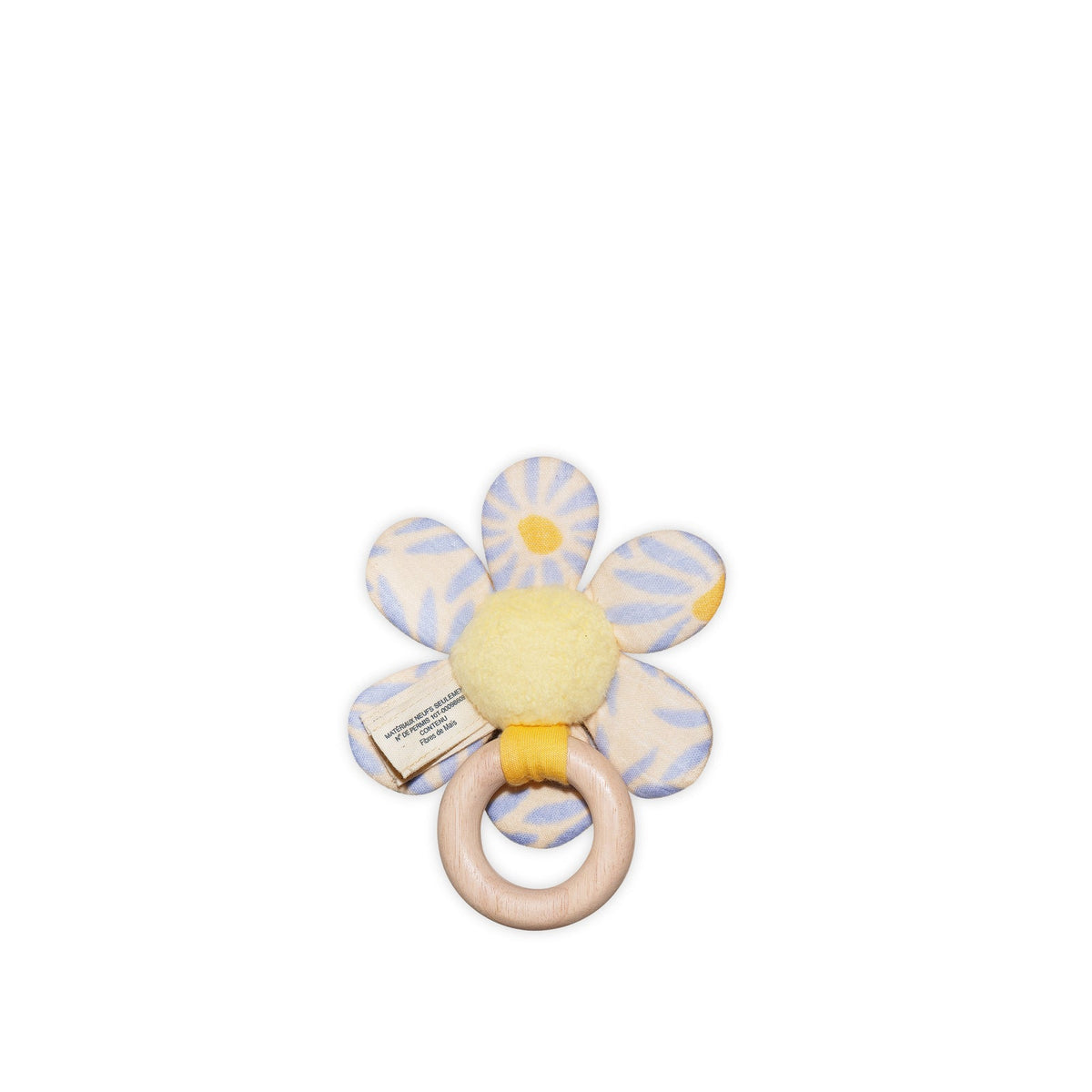 Flower-shaped baby rattle with a wooden ring on a white background