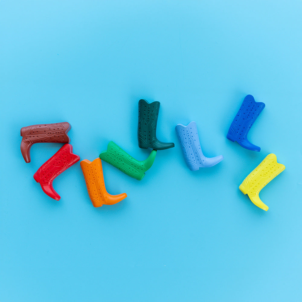 Colorful boot-shaped objects on a blue background