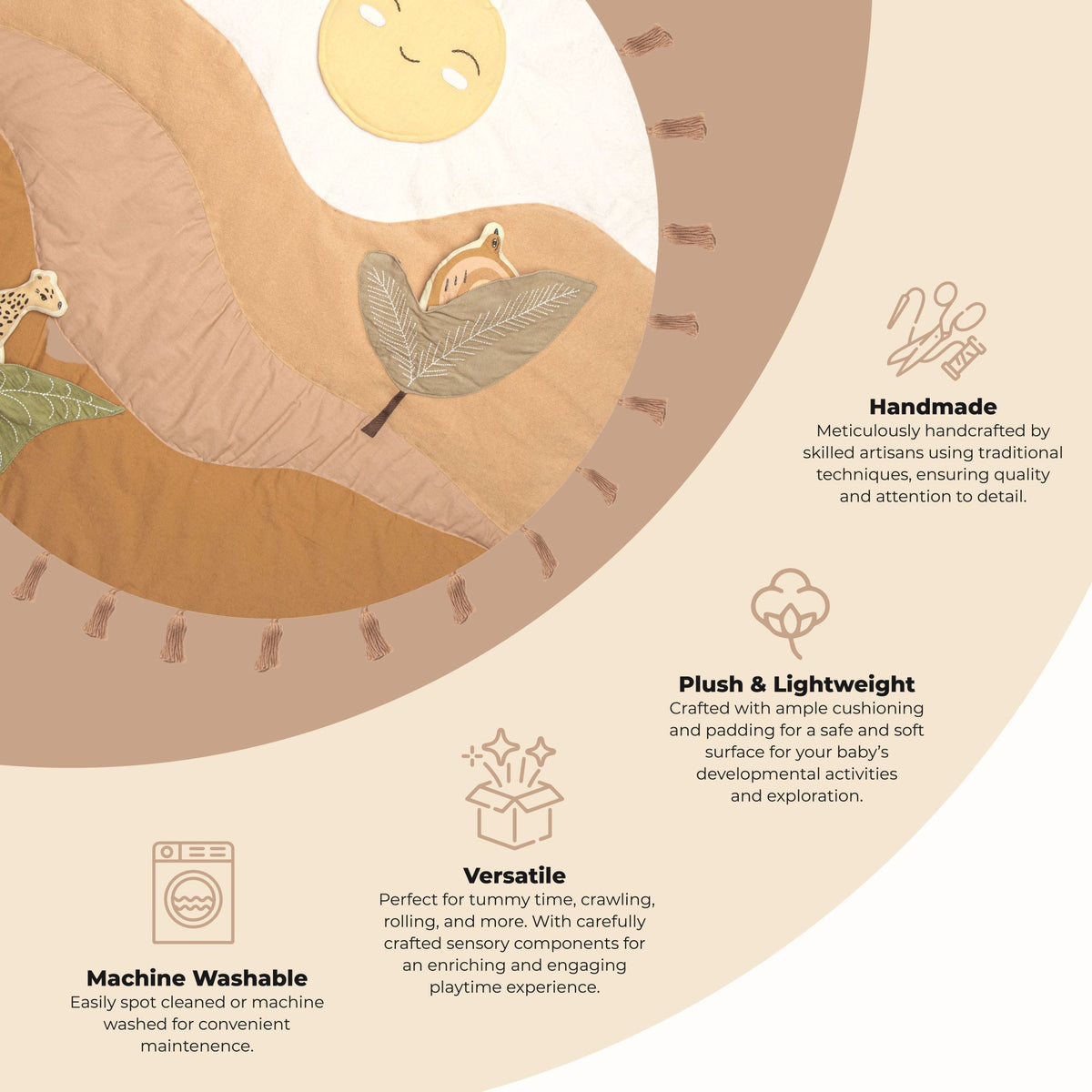 Baby play mat with nature-themed design and text about product features.