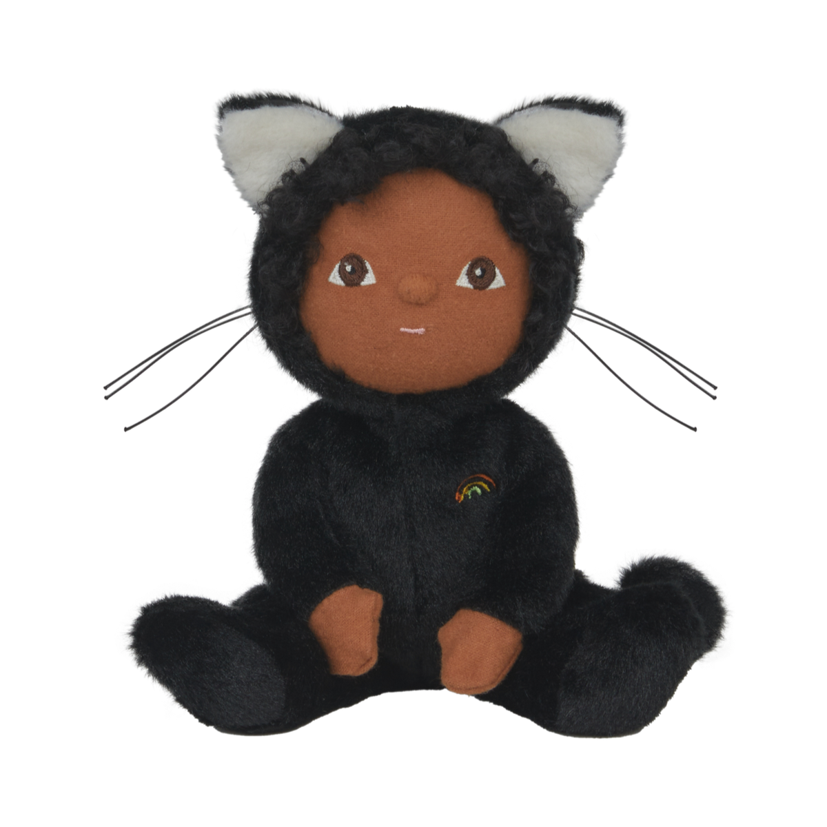 Plush toy of a child in a black cat costume with a rainbow emblem on a white background