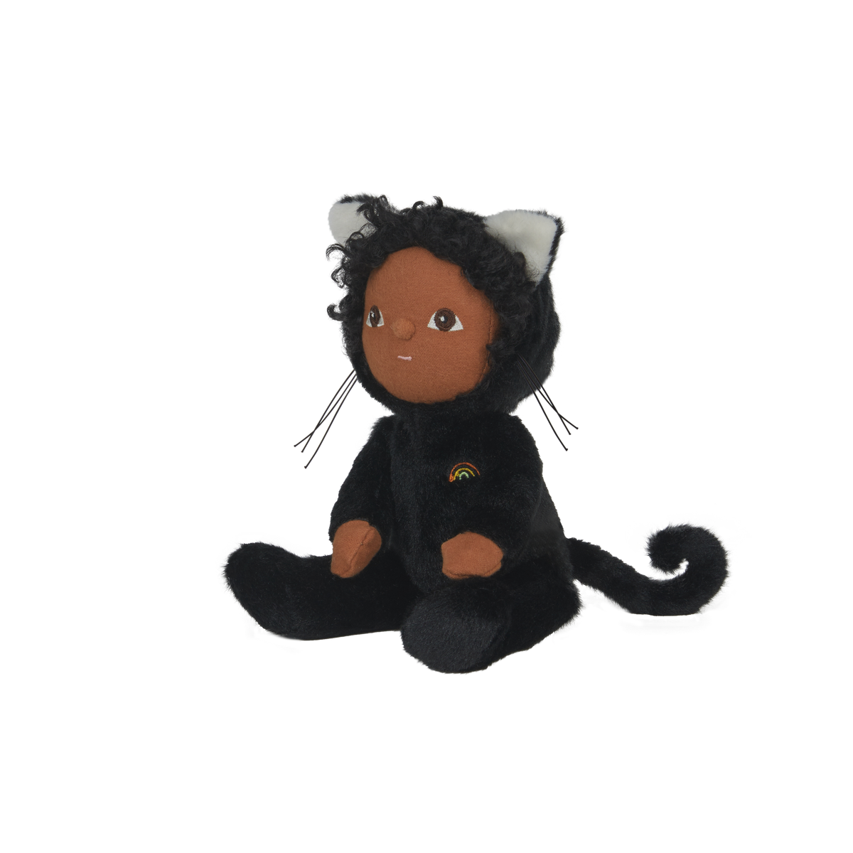 Stuffed toy cat with a rainbow on a white background