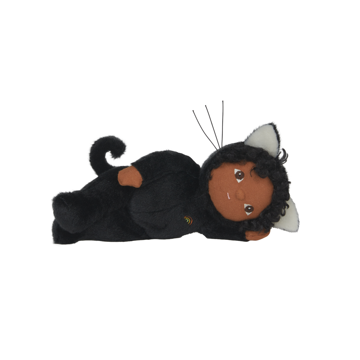 Plush toy of a cat in a black outfit with white accents on a white background