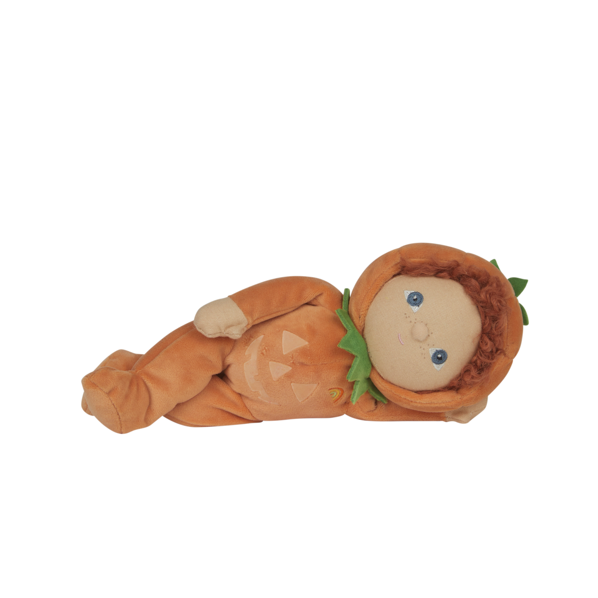 Plush toy resembling a baby in a pumpkin costume on a white background