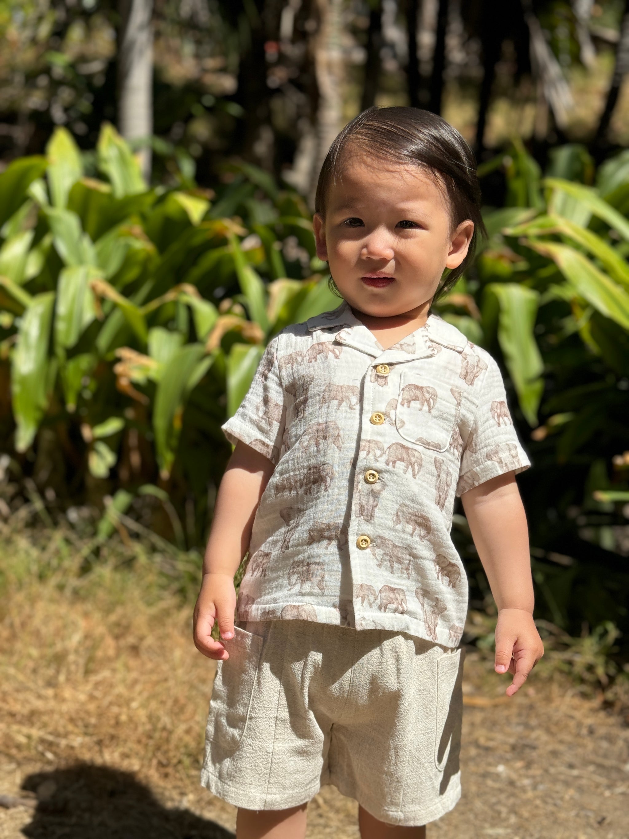A toddler standing outdoors in front of lush green foliage, wearing a light beige short-sleeve button-up shirt with a brown elephant print and matching light beige shorts.