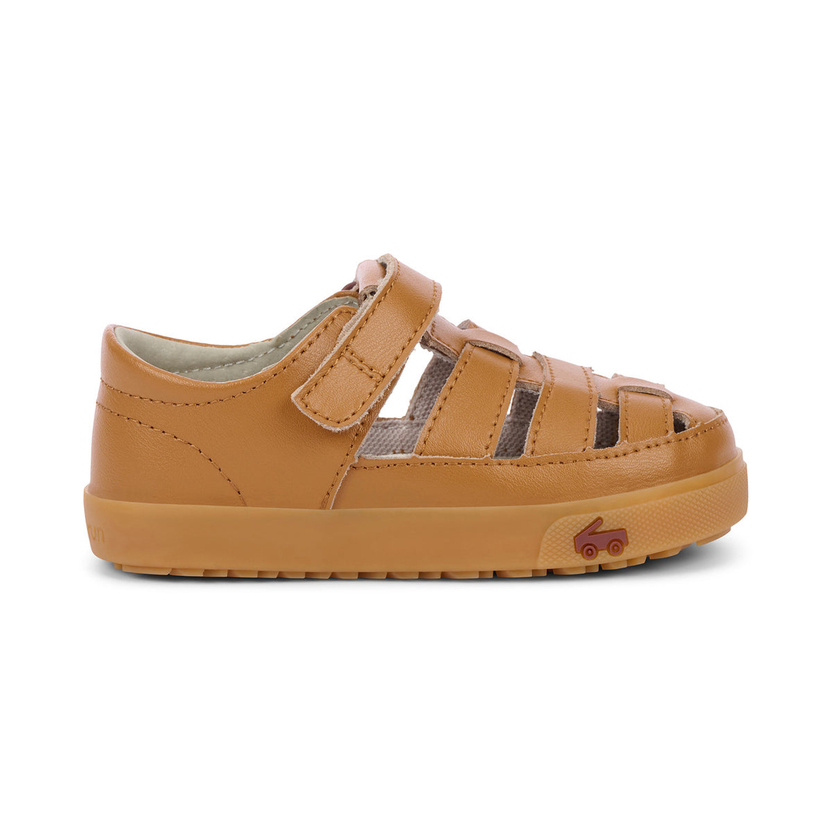 Tan children's sandal with a small logo on a white background