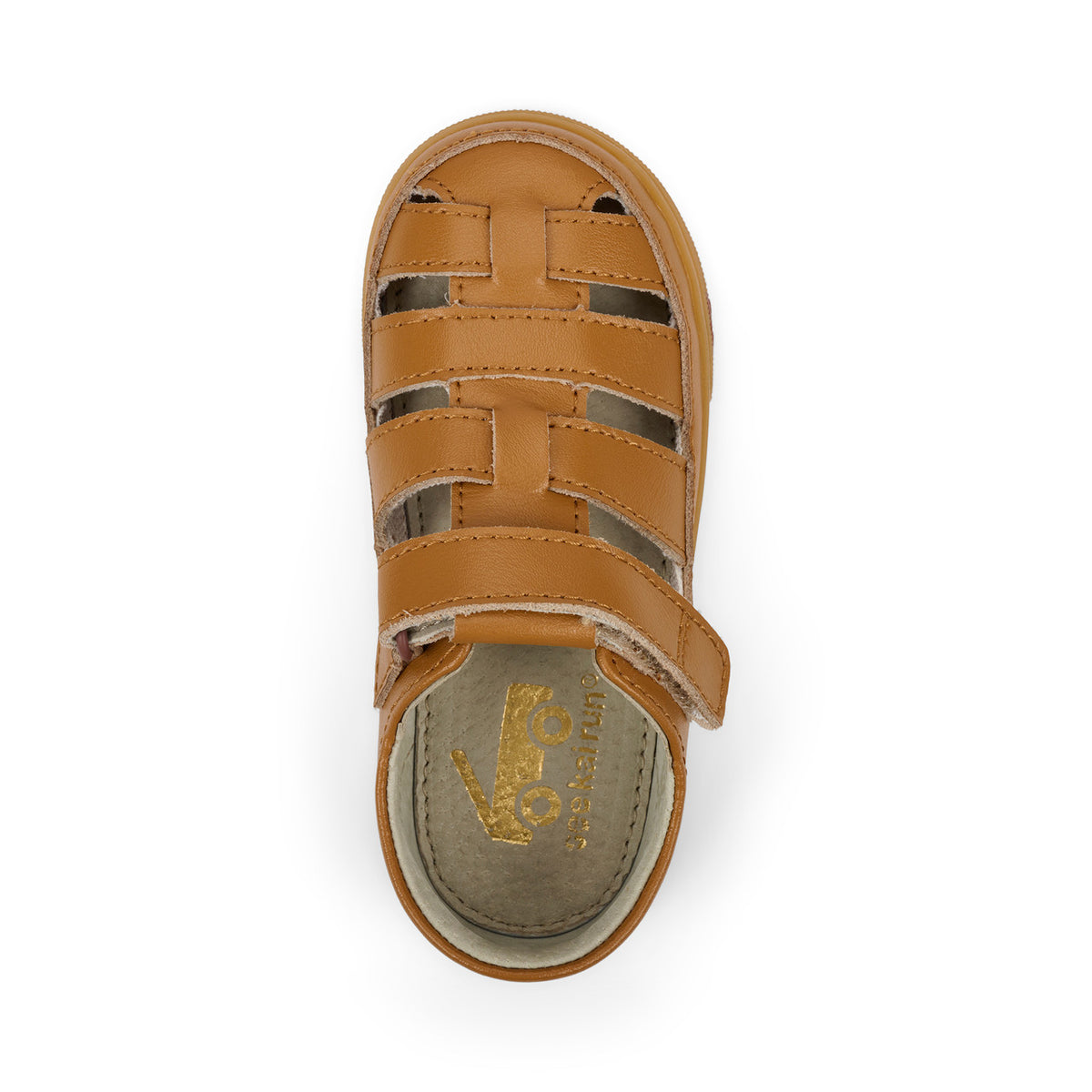 Tan sandal with a visible brand logo on a white background