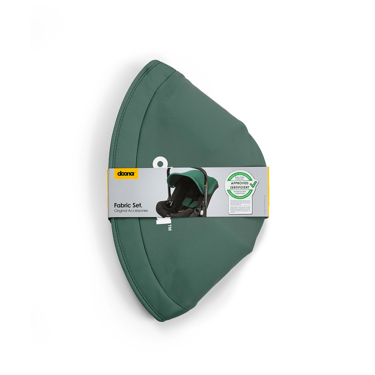 Green fabric set with a label on a white background