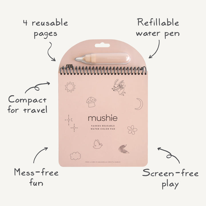 Pink coloring book with pen and features listed on a white background