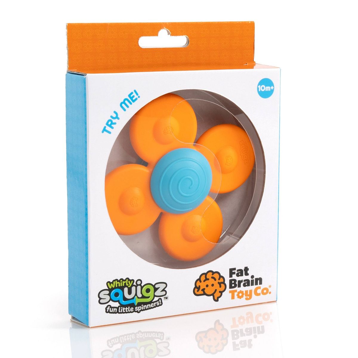 Whirly Squigz Fat Brain Toy Co. 10cm fidget toy in its original retail packaging, featuring a four-petal orange design with a blue spiral center.