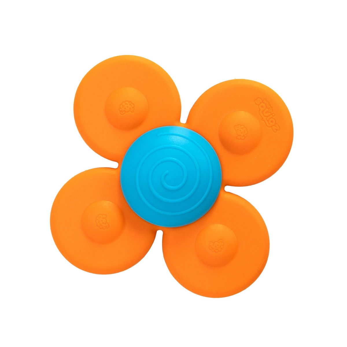 Flower-shaped object with orange petals and a blue center on a white background