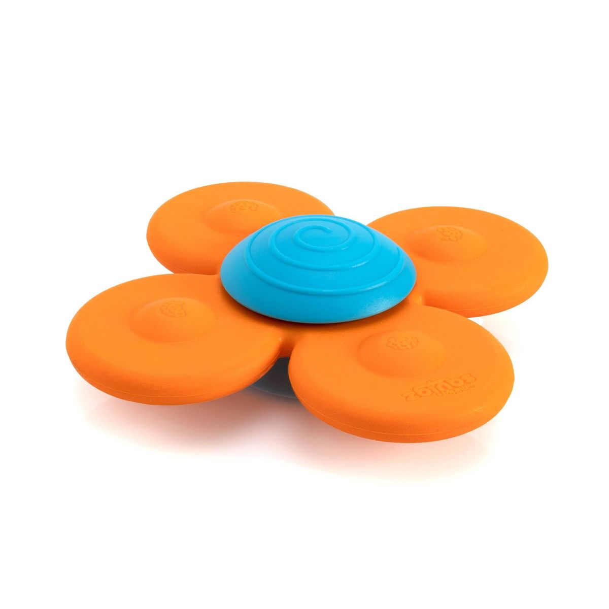 Flower-shaped toy with orange petals and a blue center on a white background