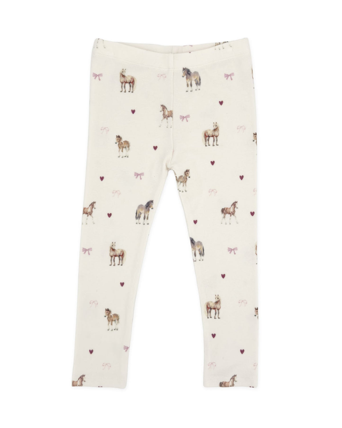 Off-white leggings with an all-over print of horses, donkeys, and small pink hearts, shown flat against a white background.